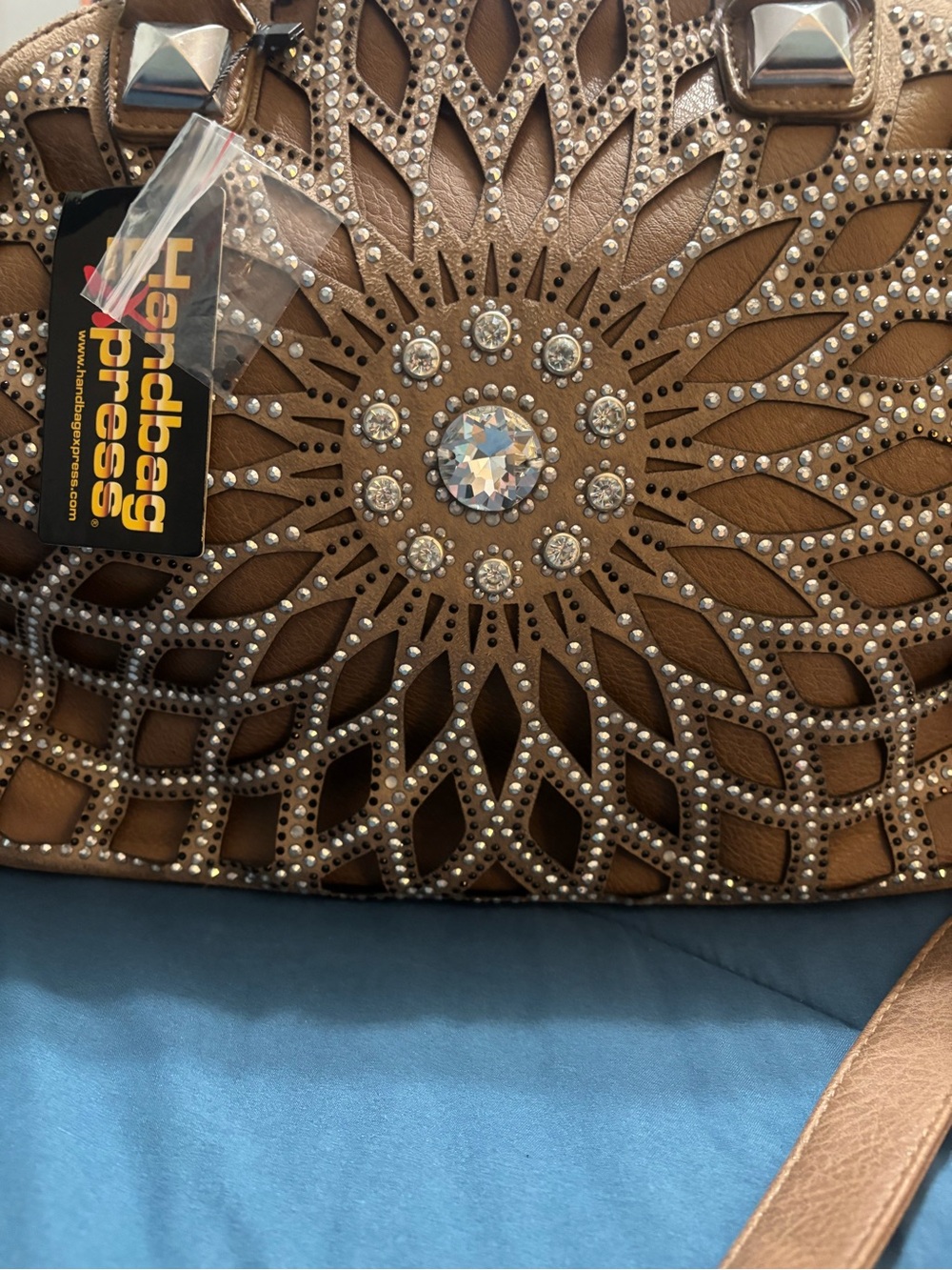 Crystal-Embellished Tan Shoulder Bag